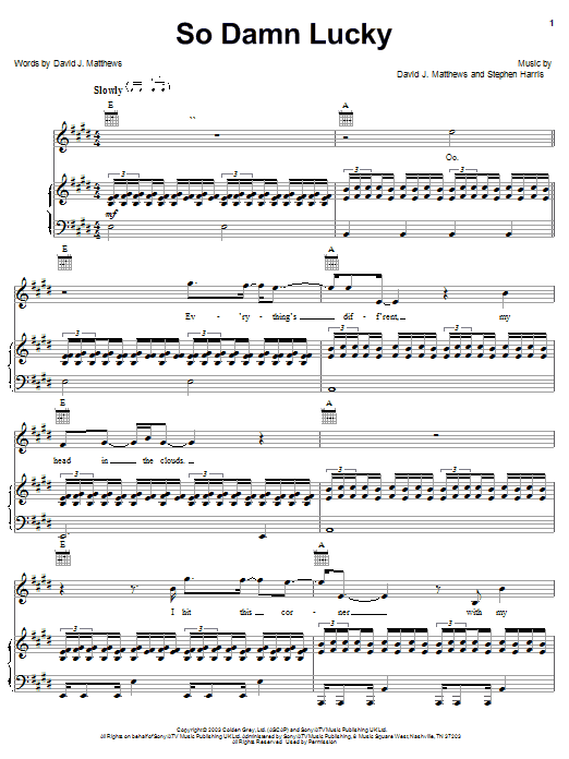 Learn to play Dave Matthews So Damn Lucky sheet music for Guitar Tab in minutes. Price: 7.8900$ Dave Matthews So Damn Lucky sheet music notes and chords arranged for Guitar Tab