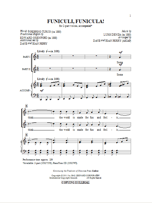 Learn to play Dave Perry Funiculi, Funicula sheet music for 2-Part Choir in minutes. Price: 3.9900$ Dave Perry Funiculi, Funicula sheet music notes and chords arranged for 2-Part Choir