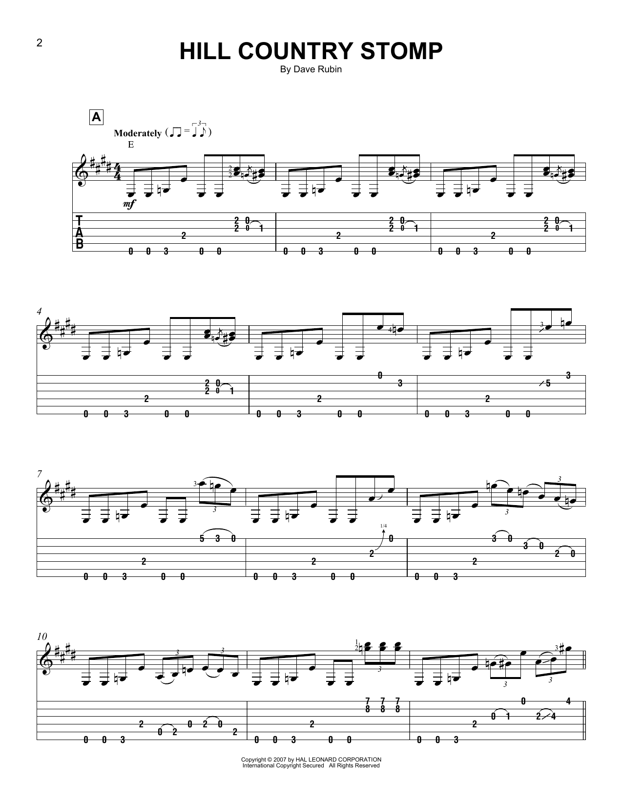 Dave Rubin Hill Country Stomp sheet music notes and chords. Download Printable PDF.