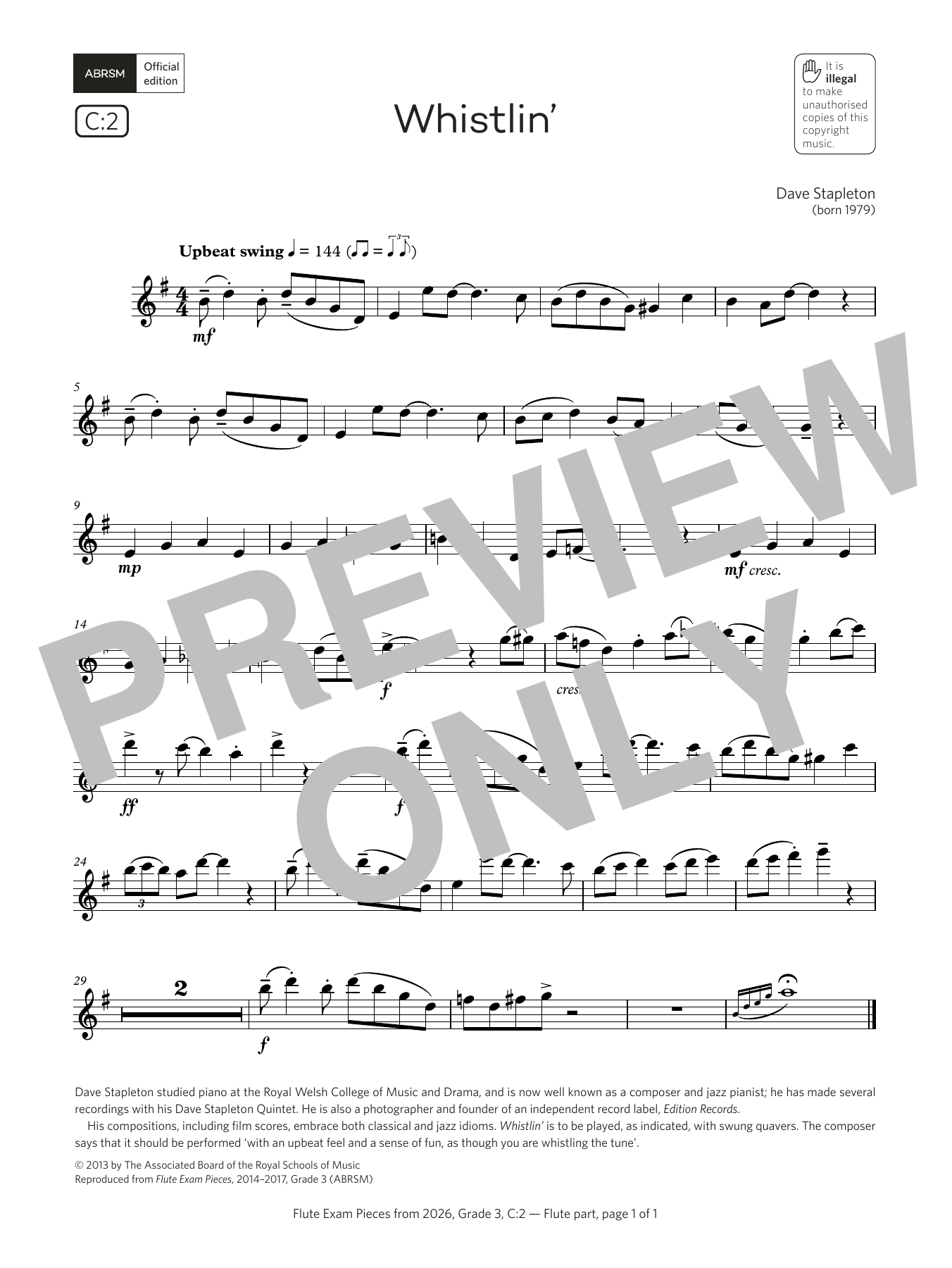 Learn to play Dave Stapleton Whistlin' (Grade 3, list C2, from the ABRSM Flute Syllabus from 2026) sheet music for Flute Solo in minutes. Price: 5.9900$ Dave Stapleton Whistlin' (Grade 3, list C2, from the ABRSM Flute Syllabus from 2026) sheet music notes and chords arranged for Flute Solo