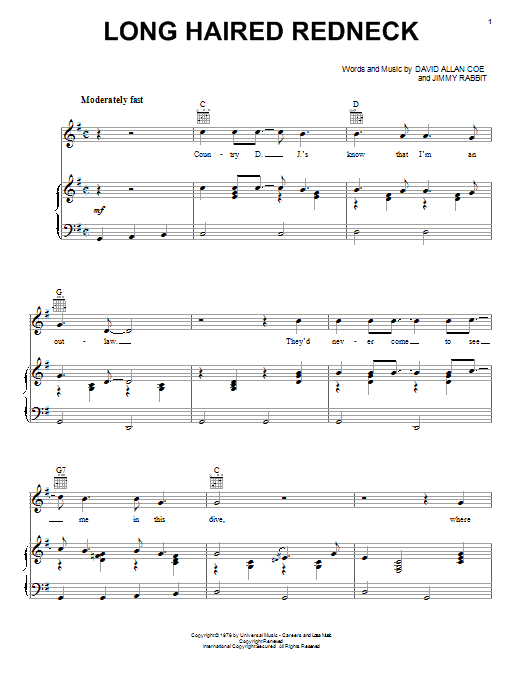 Learn to play David Allan Coe Long Haired Redneck sheet music for Piano, Vocal & Guitar Chords (Right-Hand Melody) in minutes. Price: 7.8900$ David Allan Coe Long Haired Redneck sheet music notes and chords arranged for Piano, Vocal & Guitar Chords (Right-Hand Melody)