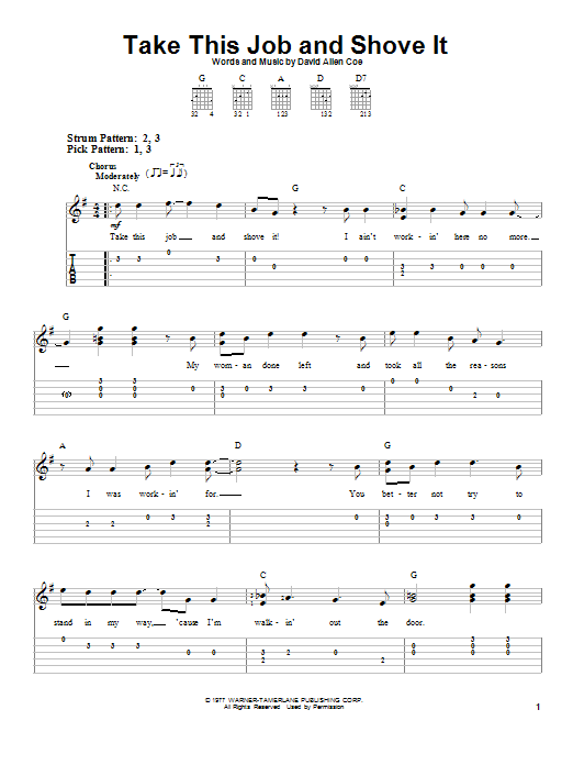 Learn to play David Allan Coe Take This Job And Shove It sheet music for Easy Guitar Tab in minutes. Price: 6.9900$ David Allan Coe Take This Job And Shove It sheet music notes and chords arranged for Easy Guitar Tab