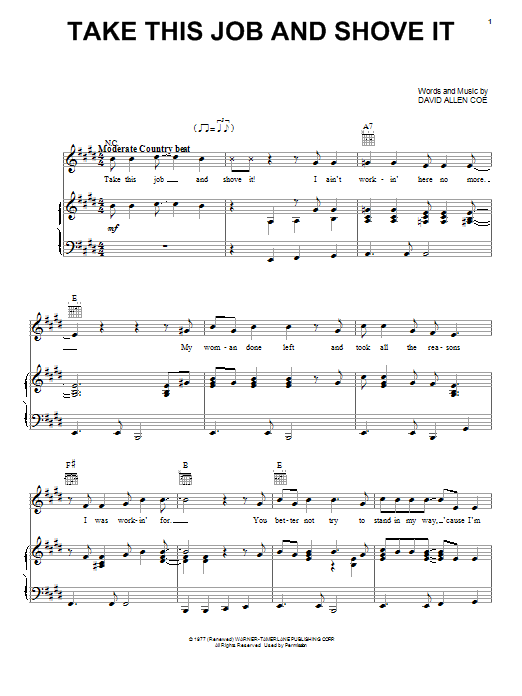 David Allen Coe Take This Job And Shove It sheet music notes and chords. Download Printable PDF.