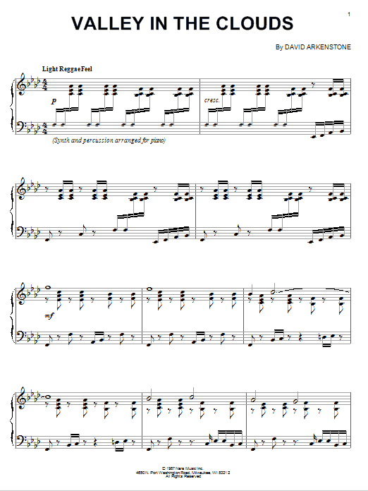 David Arkenstone Valley In The Clouds sheet music notes and chords arranged for Piano Solo