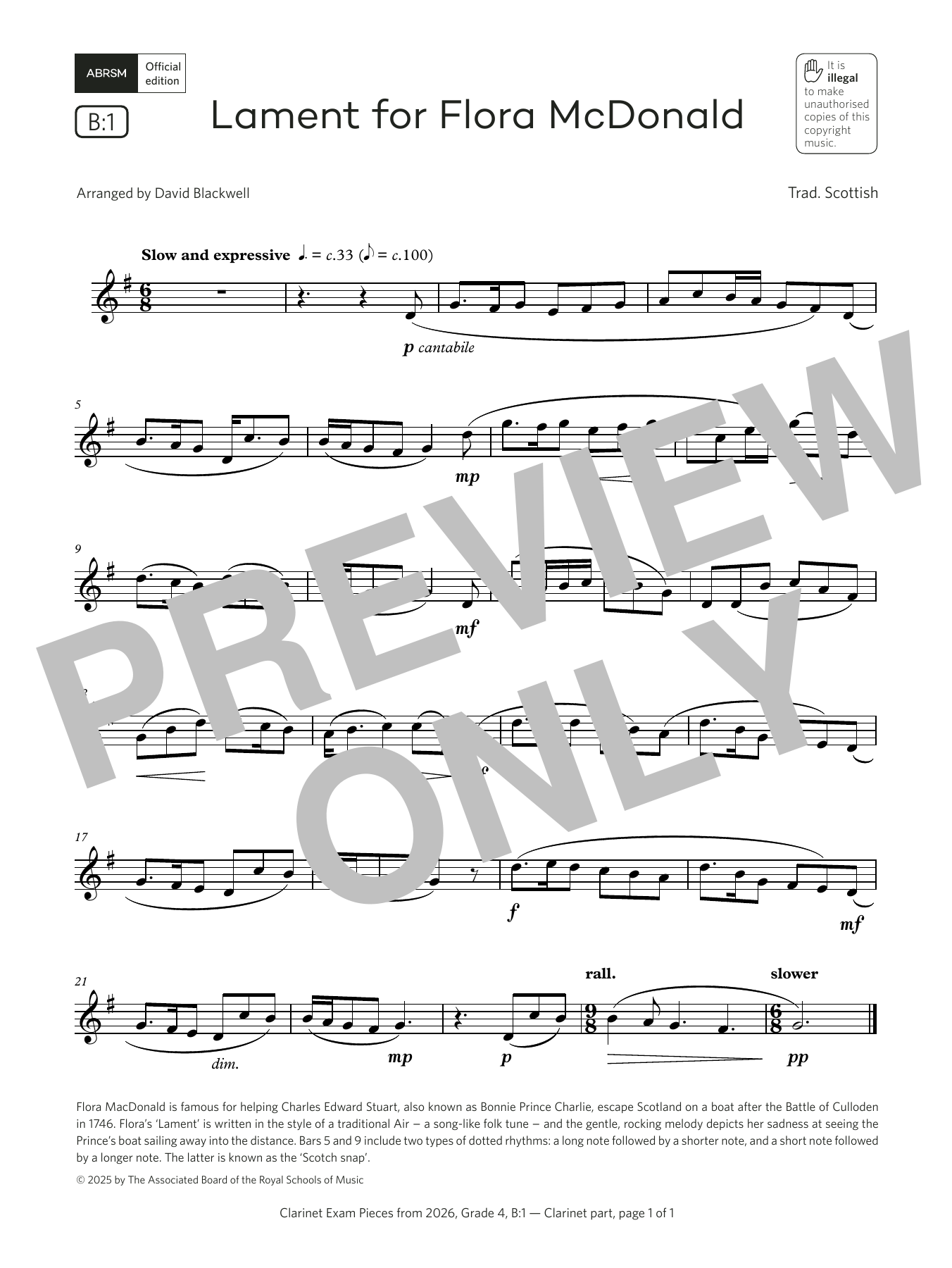 Learn to play David Blackwell Lament for Flora McDonald (Grade 4, list B1, from the ABRSM Clarinet Syllabus from 2026) sheet music for Clarinet Solo in minutes. Price: 5.9900$ David Blackwell Lament for Flora McDonald (Grade 4, list B1, from the ABRSM Clarinet Syllabus from 2026) sheet music notes and chords arranged for Clarinet Solo