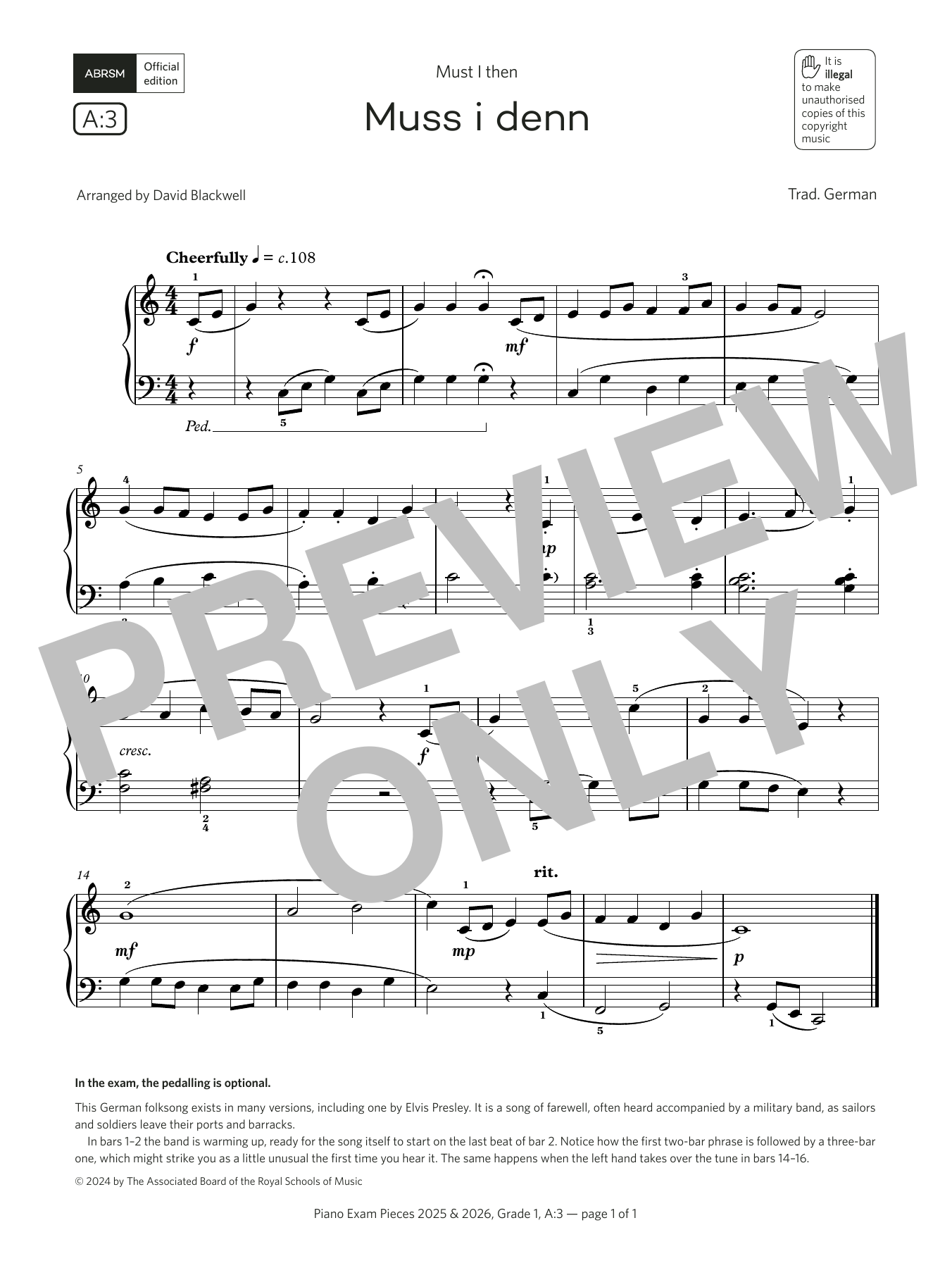 David Blackwell Muss i denn (Grade 1, list A3, from the ABRSM Piano Syllabus 2025 & 2026) sheet music notes and chords. Download Printable PDF.