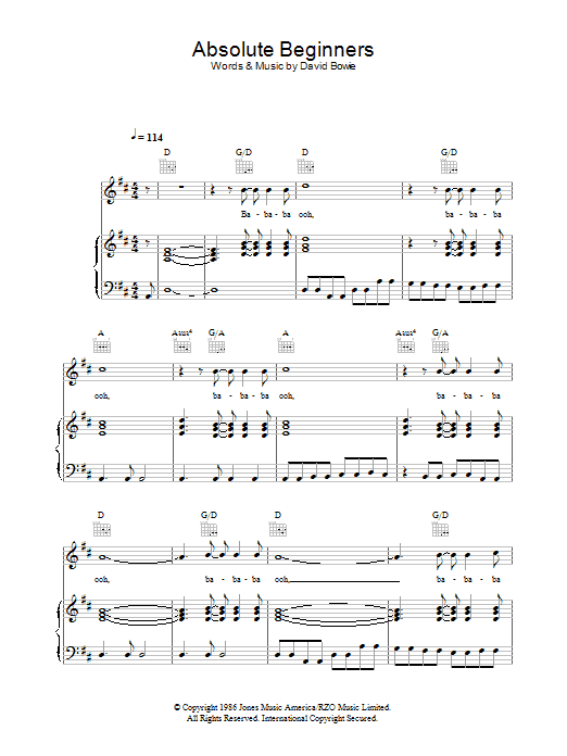 David Bowie Absolute Beginners sheet music notes and chords arranged for Piano, Vocal & Guitar Chords