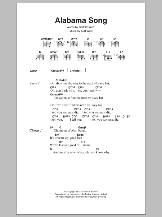 David Bowie Alabama Song sheet music notes and chords. Download Printable PDF.