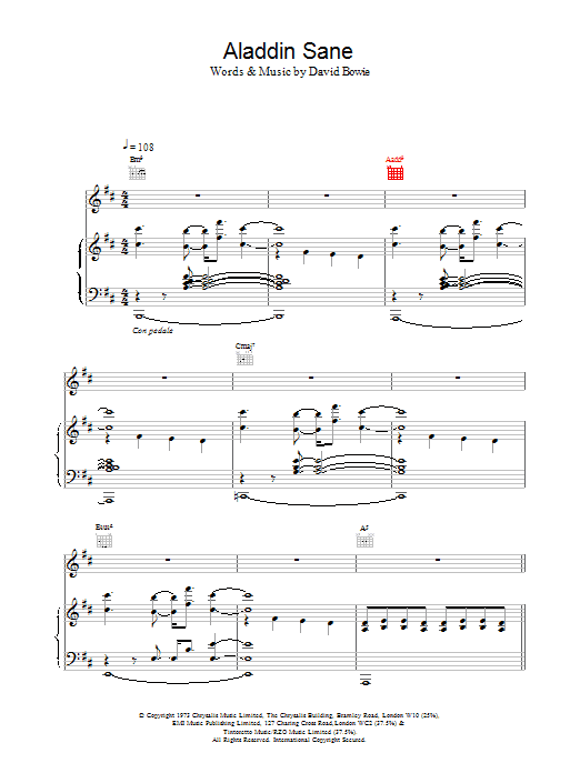 David Bowie Aladdin Sane sheet music notes and chords. Download Printable PDF.