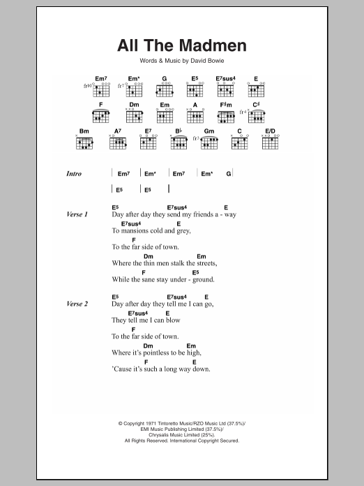 David Bowie All The Madmen sheet music notes and chords arranged for Guitar Chords/Lyrics