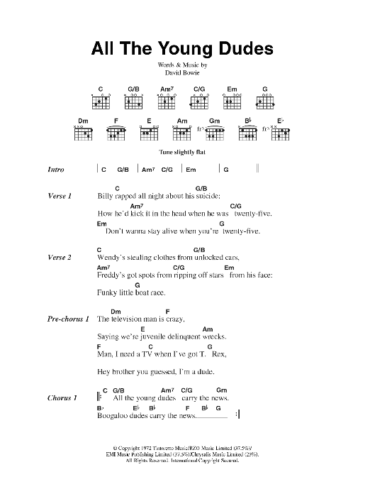 David Bowie All The Young Dudes sheet music notes and chords. Download Printable PDF.