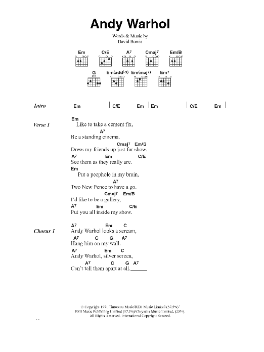 David Bowie Andy Warhol sheet music notes and chords arranged for Guitar Chords/Lyrics