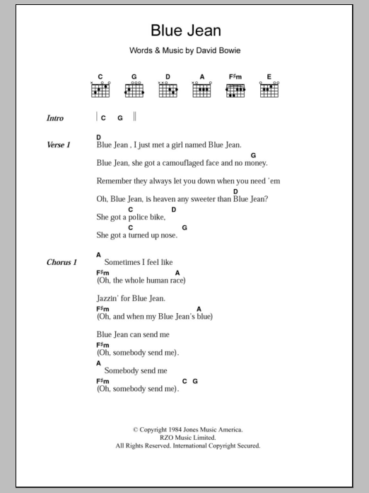 David Bowie Blue Jean sheet music notes and chords. Download Printable PDF.