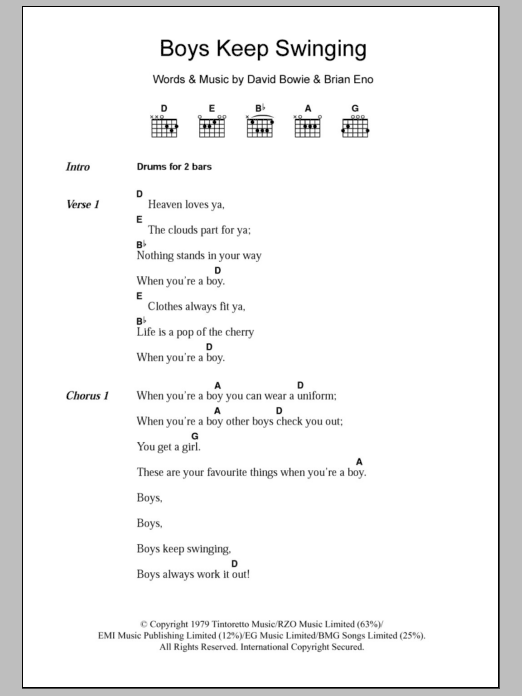 David Bowie Boys Keep Swinging sheet music notes and chords. Download Printable PDF.