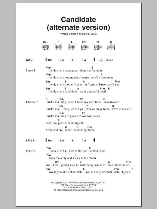 David Bowie Candidate sheet music notes and chords arranged for Guitar Chords/Lyrics