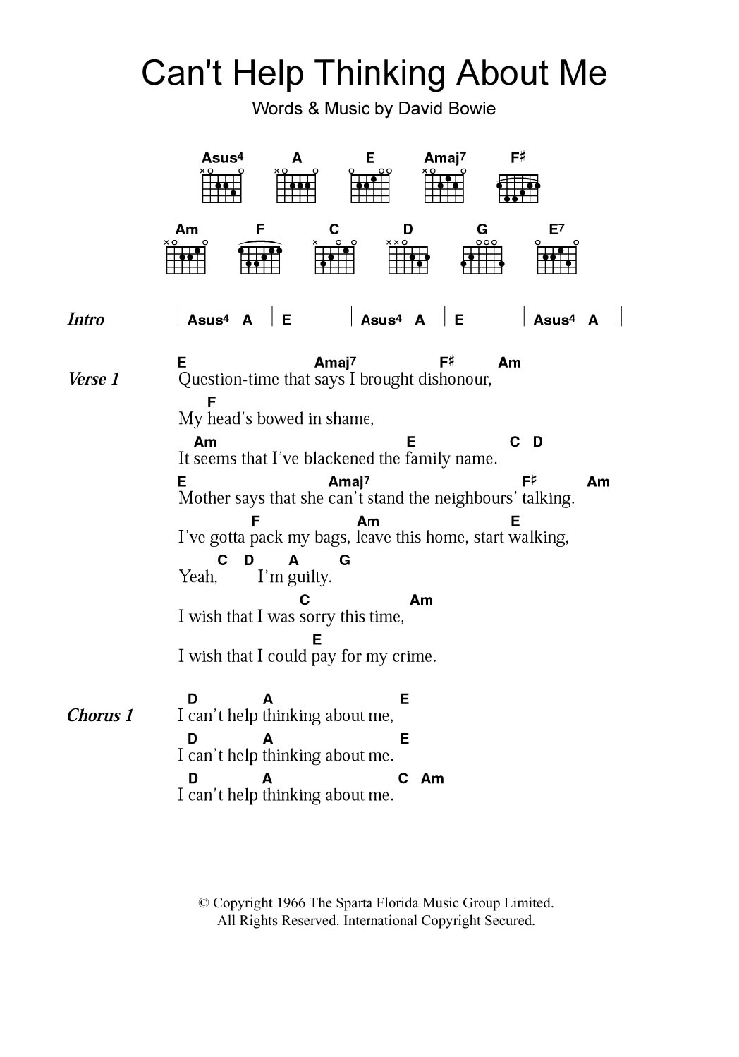 Learn to play David Bowie Can't Help Thinking About Me sheet music for Guitar Chords/Lyrics in minutes. Price: 4.4900$ David Bowie Can't Help Thinking About Me sheet music notes and chords arranged for Guitar Chords/Lyrics