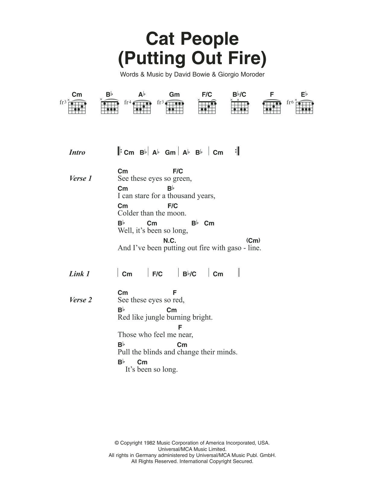 David Bowie Cat People (Putting Out Fire) sheet music notes and chords arranged for Guitar Chords/Lyrics