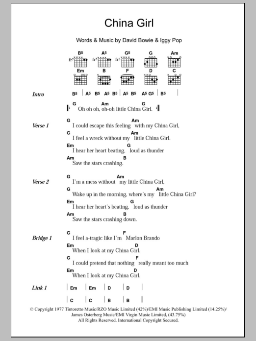 David Bowie China Girl sheet music notes and chords. Download Printable PDF.