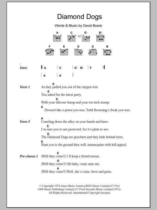 David Bowie Diamond Dogs sheet music notes and chords arranged for Piano, Vocal & Guitar Chords