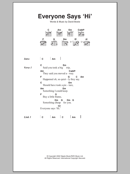 David Bowie Everyone Says “hi” sheet music notes and chords arranged for Guitar Chords/Lyrics