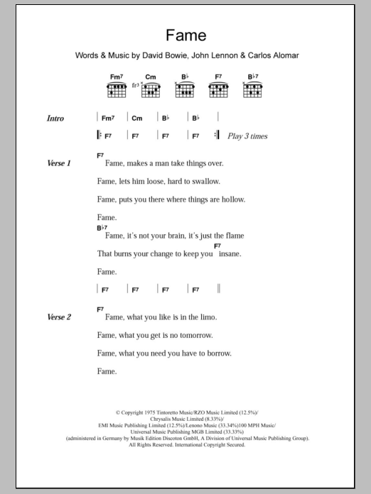 David Bowie Fame sheet music notes and chords arranged for Piano, Vocal & Guitar Chords