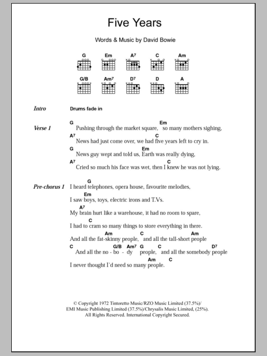 David Bowie Five Years sheet music notes and chords. Download Printable PDF.