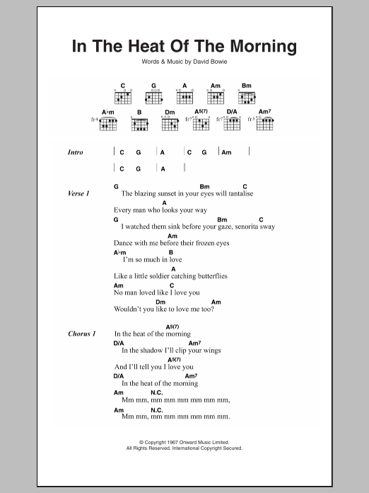 David Bowie In The Heat Of The Morning sheet music notes and chords arranged for Guitar Chords/Lyrics