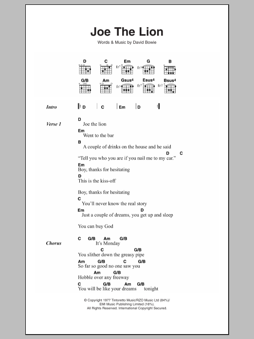 David Bowie Joe The Lion sheet music notes and chords arranged for Guitar Chords/Lyrics