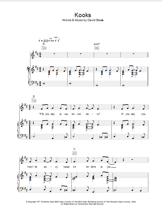 David Bowie Kooks sheet music notes and chords. Download Printable PDF.