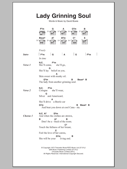 David Bowie Lady Grinning Soul sheet music notes and chords arranged for Guitar Chords/Lyrics