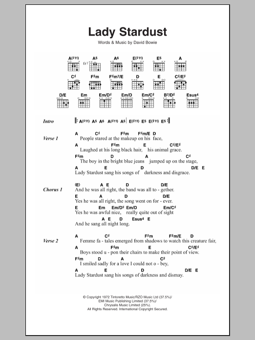 David Bowie Lady Stardust sheet music notes and chords arranged for Guitar Chords/Lyrics