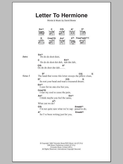 David Bowie Letter To Hermione sheet music notes and chords. Download Printable PDF.