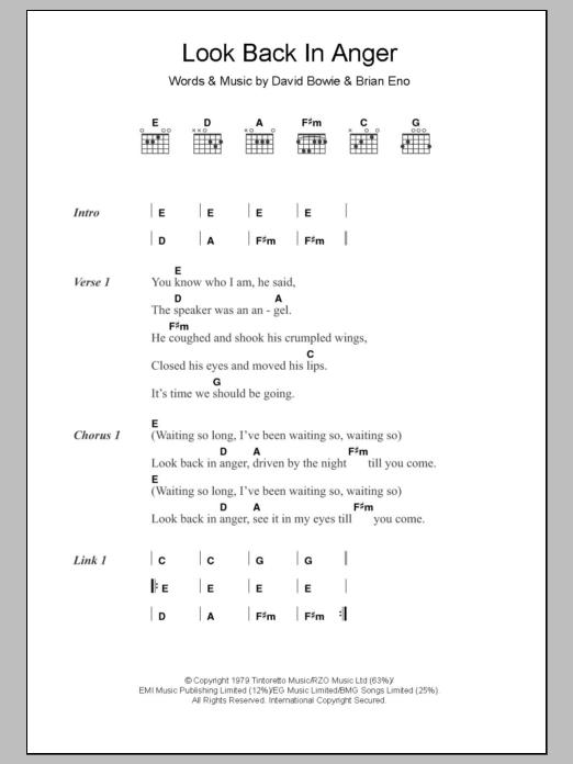 David Bowie Look Back In Anger sheet music notes and chords arranged for Piano, Vocal & Guitar Chords