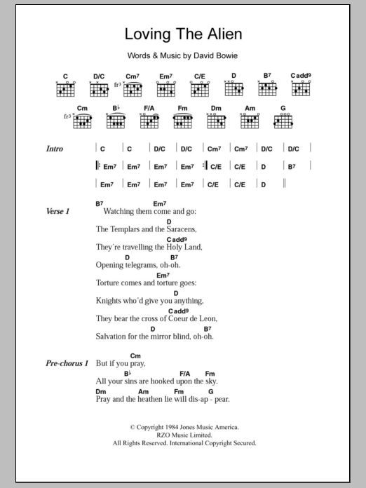 Learn to play David Bowie Loving The Alien sheet music for Piano, Vocal & Guitar Chords in minutes. Price: 7.8900$ David Bowie Loving The Alien sheet music notes and chords arranged for Piano, Vocal & Guitar Chords