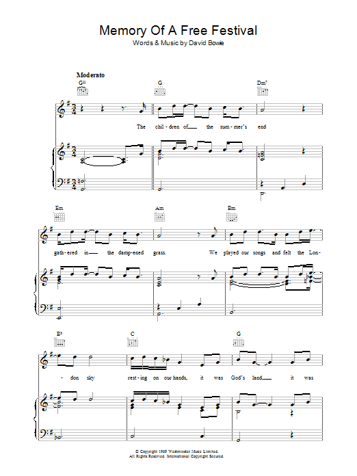 David Bowie Memory Of A Free Festival sheet music notes and chords arranged for Piano, Vocal & Guitar Chords