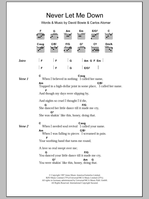 David Bowie Never Let Me Down sheet music notes and chords. Download Printable PDF.