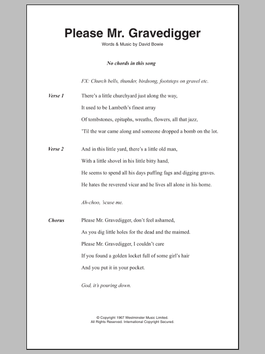 David Bowie Please Mr. Gravedigger sheet music notes and chords. Download Printable PDF.