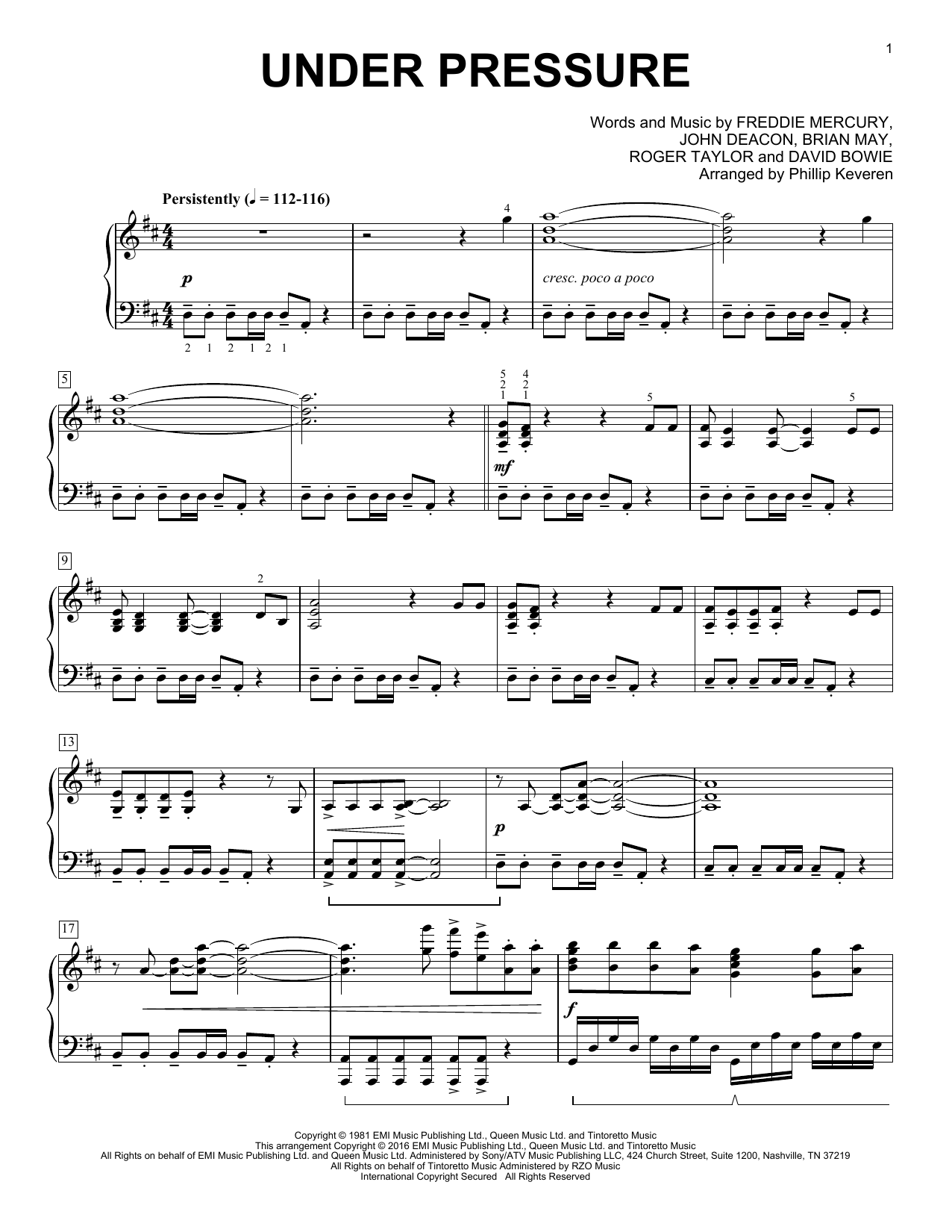 David Bowie & Queen Under Pressure [Classical version] (arr. Phillip Keveren) sheet music notes and chords. Download Printable PDF.