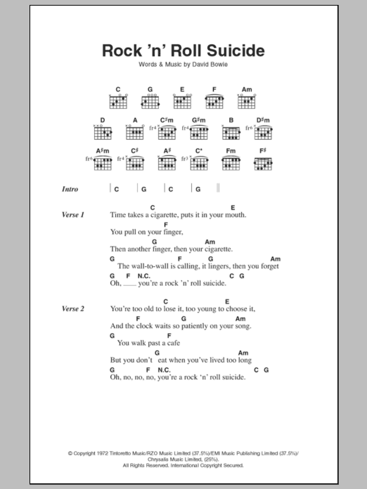 David Bowie Rock 'n' Roll Suicide sheet music notes and chords. Download Printable PDF.