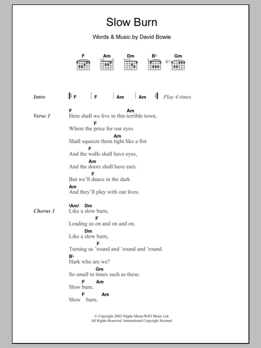 David Bowie Slow Burn sheet music notes and chords. Download Printable PDF.