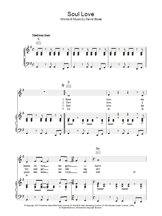 Learn to play David Bowie Soul Love sheet music for Piano, Vocal & Guitar Chords in minutes. Price: 7.8900$ David Bowie Soul Love sheet music notes and chords arranged for Piano, Vocal & Guitar Chords