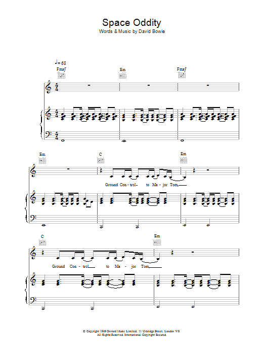 David Bowie Space Oddity sheet music notes and chords arranged for Piano, Vocal & Guitar Chords