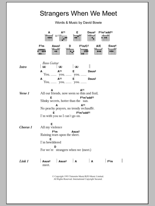 David Bowie Strangers When We Meet sheet music notes and chords arranged for Guitar Chords/Lyrics