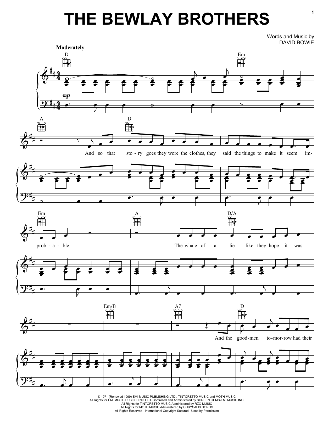 Learn to play David Bowie The Bewlay Brothers sheet music for Piano, Vocal & Guitar Chords (Right-Hand Melody) in minutes. Price: 7.8900$ David Bowie The Bewlay Brothers sheet music notes and chords arranged for Piano, Vocal & Guitar Chords (Right-Hand Melody)