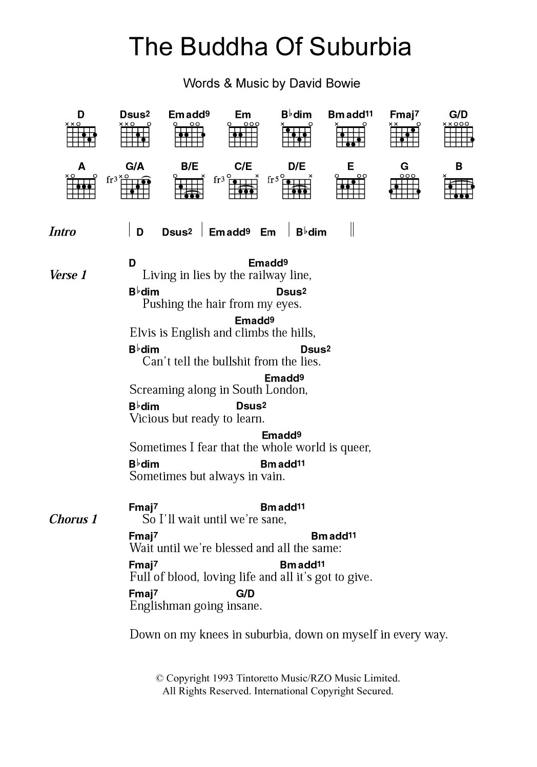 David Bowie The Buddha Of Suburbia sheet music notes and chords. Download Printable PDF.