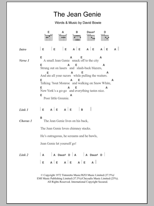 David Bowie The Jean Genie sheet music notes and chords. Download Printable PDF.