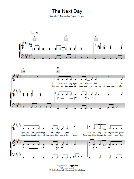 Learn to play David Bowie The Next Day sheet music for Piano, Vocal & Guitar Chords in minutes. Price: 7.8900$ David Bowie The Next Day sheet music notes and chords arranged for Piano, Vocal & Guitar Chords