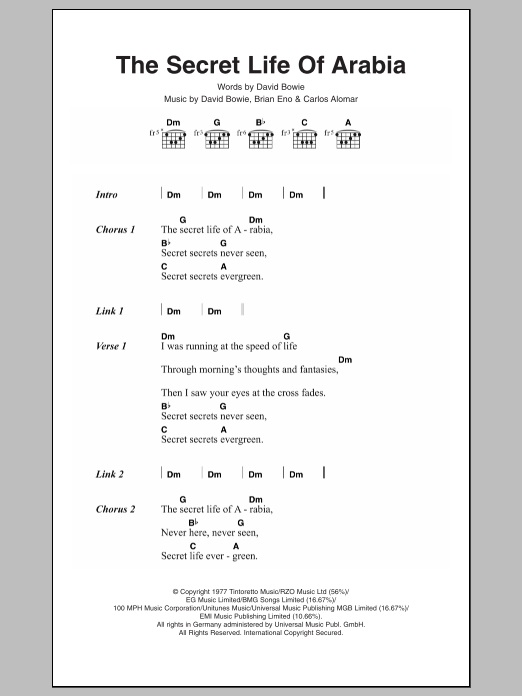 David Bowie The Secret Life Of Arabia sheet music notes and chords. Download Printable PDF.