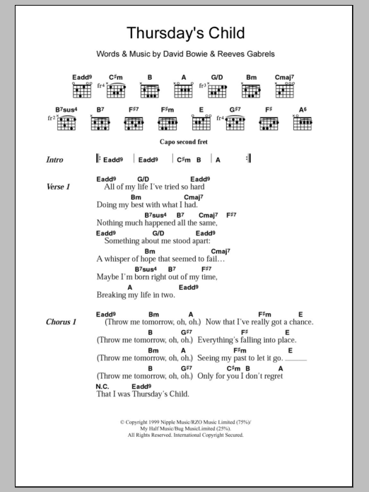 David Bowie Thursday's Child sheet music notes and chords. Download Printable PDF.