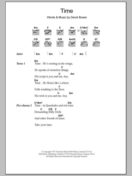 David Bowie Time sheet music notes and chords. Download Printable PDF.